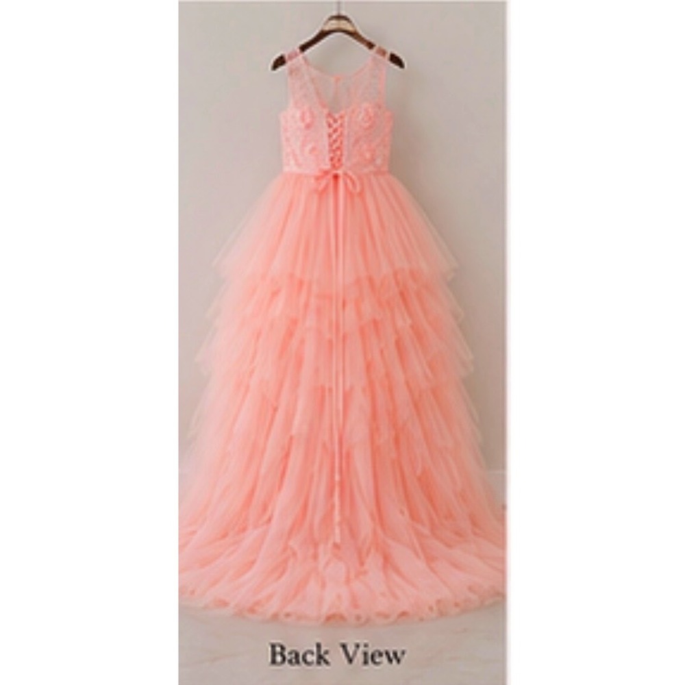 Girls Blush Pink High Low Flower Girl Dress Lace Tulle Pageant Wedding Train - Picture 6 of 10